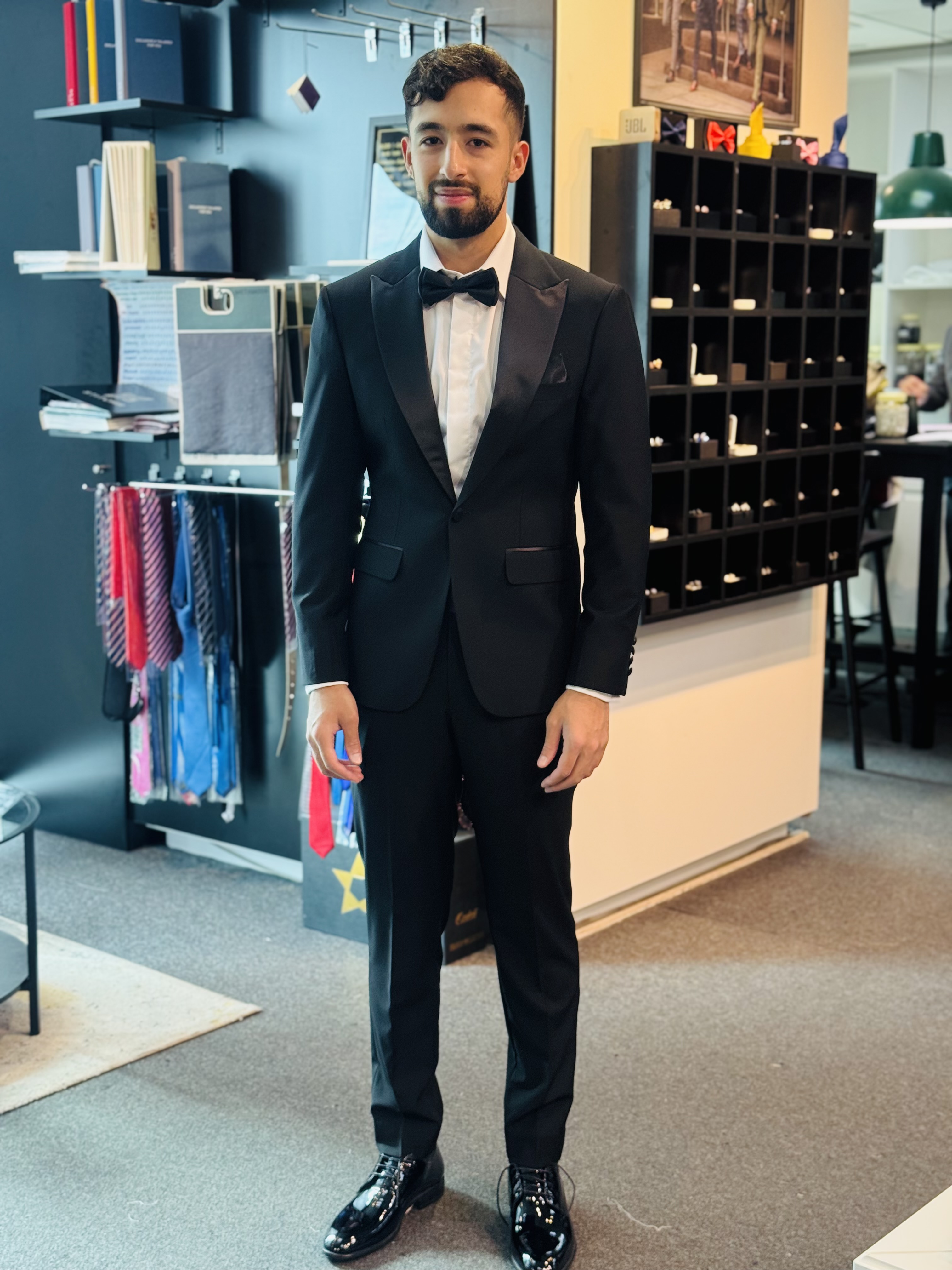 grey patterned tailored suit